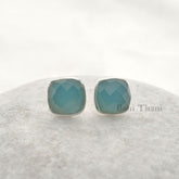 Blue Chalcedony Stud Earrings - 925 Sterling Silver - Faceted Cushion 9mm - Artisan Jewelry - Jewelry For Anniversary - Gift For Mothers Day